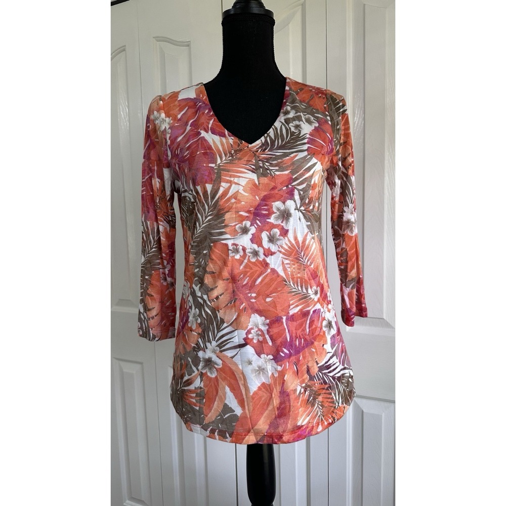 Susan Graver Women's Lined Blouse Colorful Floral Boho Resort XXS 3/4 Sleeves
